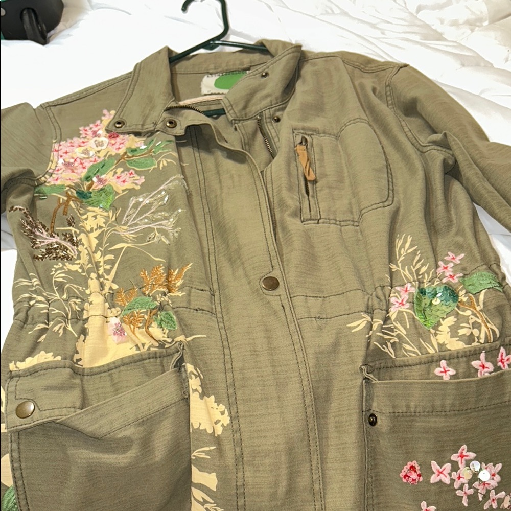 Vintage Anthropologie Green Utility Jacket with Floral Embroidery